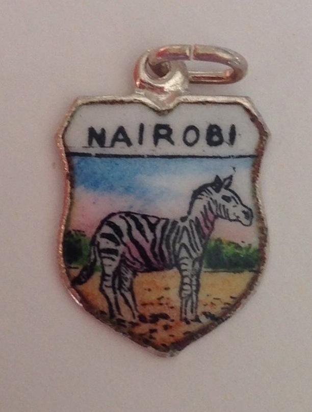 Nairobi AFRICA Zebra Vintage Silver Enamel Travel Shield Charm - Click Image to Close