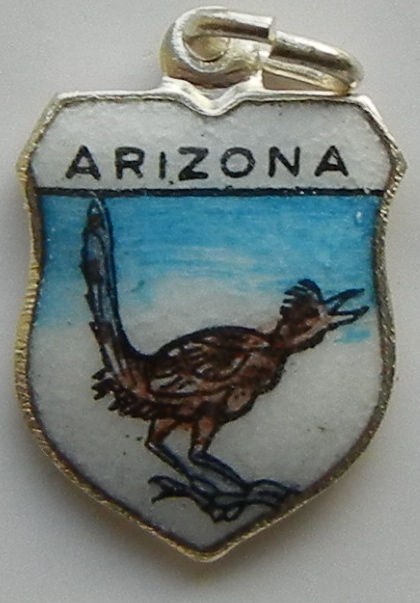 Arizona - Road Runner Bird 2 - Vintage Silver Enamel Travel Shield Charm