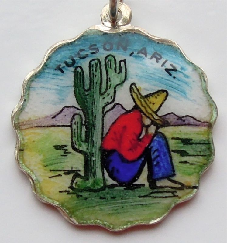 Vintage Enamel Travel Charm - Scalloped Round Edge - Arizona - Tucson Cactus