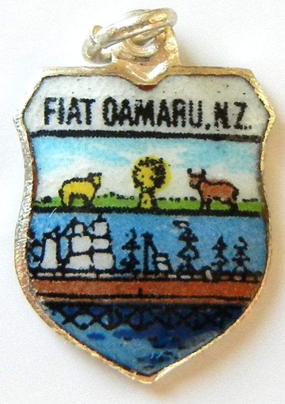 New Zealand - Fiat Oamaru Farm - Vintage Silver Pl. Enamel Travel Shield Charm