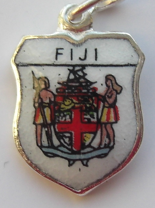 FIJI ISLAND - Coat of Arms - Vintage Silver Pl. Enamel Travel Shield Charm