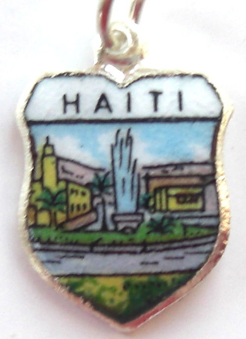 HAITI - Town Scene - Vintage Silver Pl. Enamel Travel Shield Charm