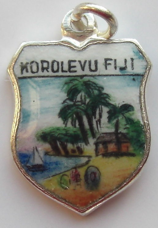 FIJI ISLAND - Korolevu - Beach - Vintage Silver Pl. Enamel Travel Shield Charm