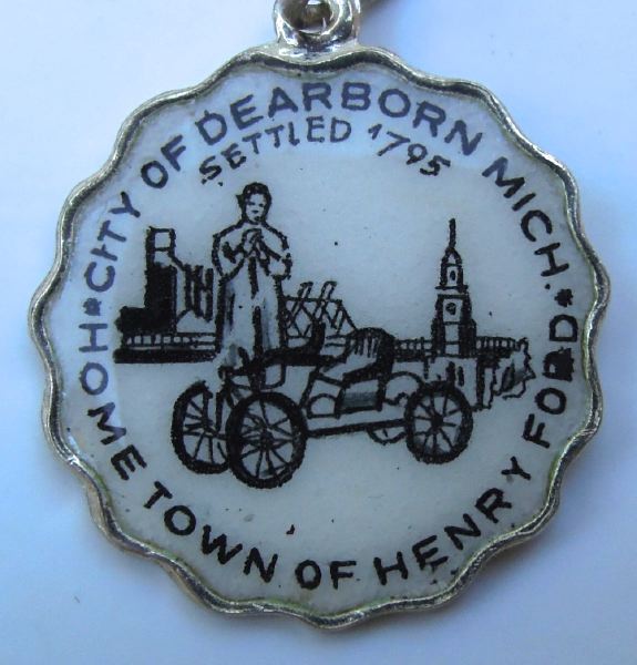 Vintage Enamel Travel Charm - Scalloped Round Edge - Michigan - Dearborn - Hometown of Henry Ford