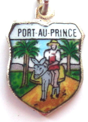 Port Au Prince HAITI - Burro - Vintage Silver Pl. Enamel Travel Shield Charm