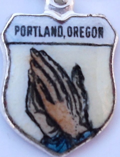 Oregon - Portland Praying Hand - Vintage Silver Pl. Enamel Travel Shield Charm