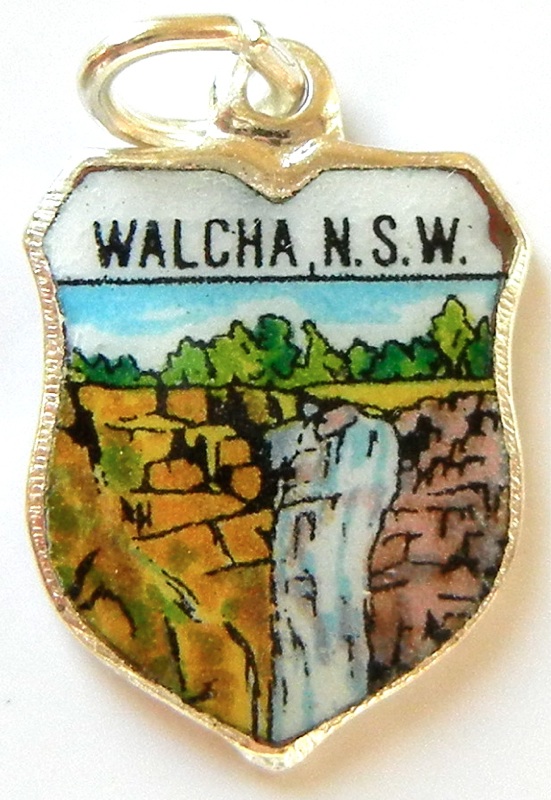 Walcha NSW AUSTRALIA - Water Fall - Vintage Silver Pl. Enamel Travel Shield Charm