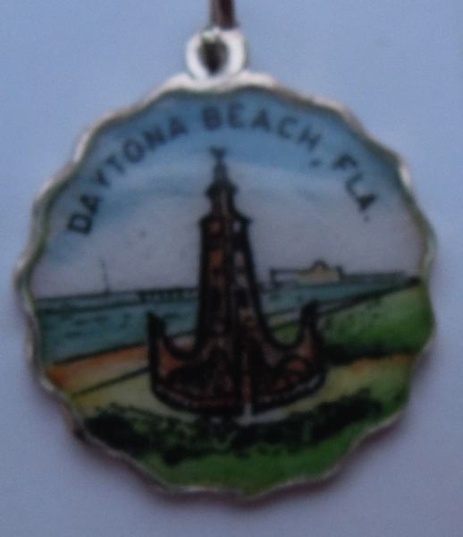 Vintage Enamel Travel Charm - Scalloped Round Edge - Florida - Daytona Beach Boardwalk Coquina Clock Tower