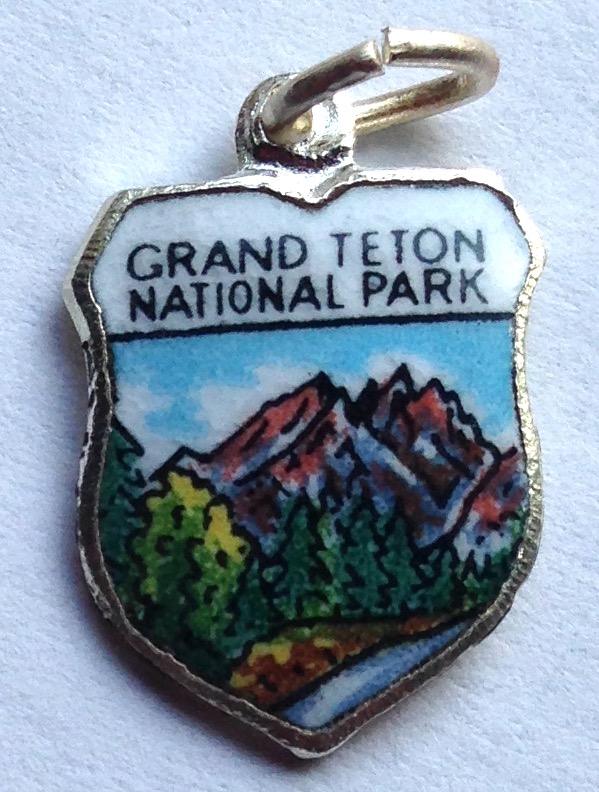 Wyoming - Grand Teton National Park - Mountain Range - Vintage Enamel Travel Shield Charm