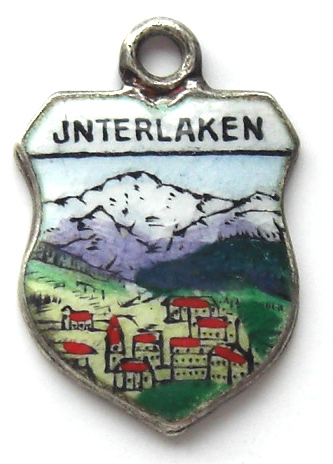 Interlaken, Bern, Switzerland - Alps Scene Vintage Enamel Travel Shield Charm Interlaken, Bern, Switzerland - Alps Scene Vintage Enamel Travel Shield Charm