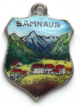 Samnaun, Switzerland - Mountain Scene Enamel Travel Shield Charm