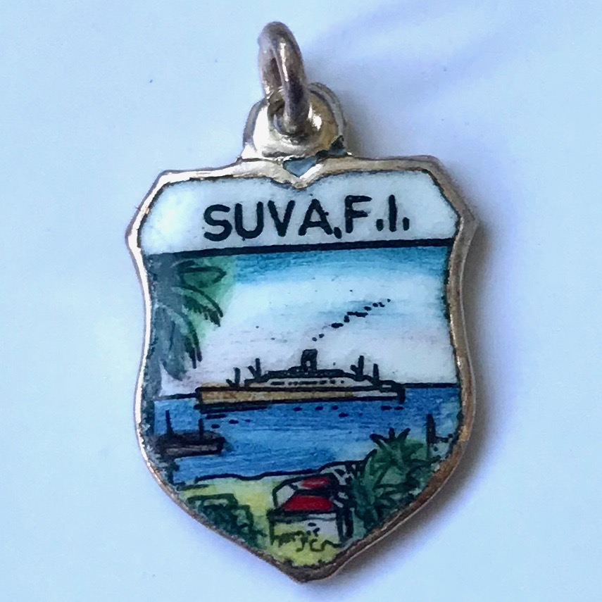 FIJI ISLANDS - Cruise Ship - Vintage Silver Pl. Enamel Travel Shield Charm