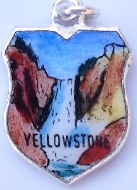 Wyoming - Yellowstone National Park - Waterfall - Silver Vintage Enamel Travel Shield Charm - Click Image to Close
