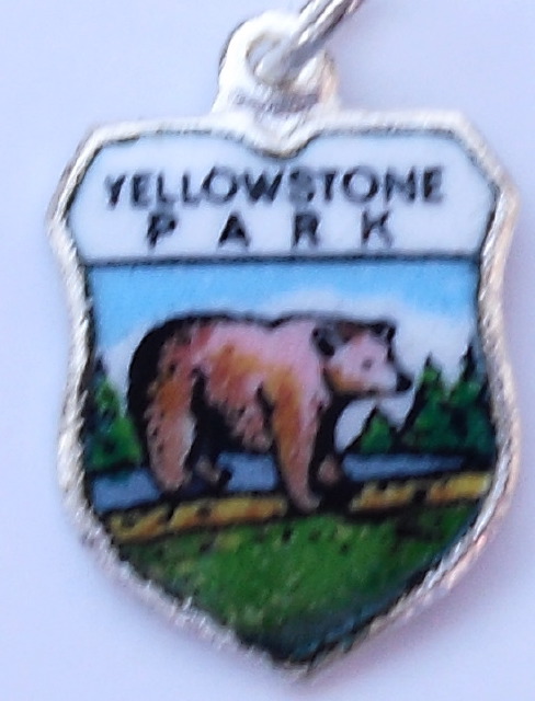 Wyoming - Yellowstone National Park - Bear - Silver Vintage Enamel Travel Shield Charm - Click Image to Close