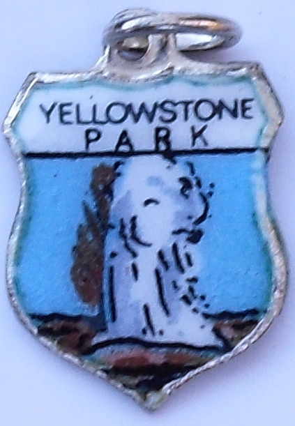 Wyoming - Yellowstone National Park - Old Faithful - Silver Vintage Enamel Travel Shield Charm