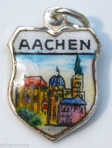 Aachen GERMANY - Cathedral - Vintage Silver Enamel Travel Shield Charm - Click Image to Close