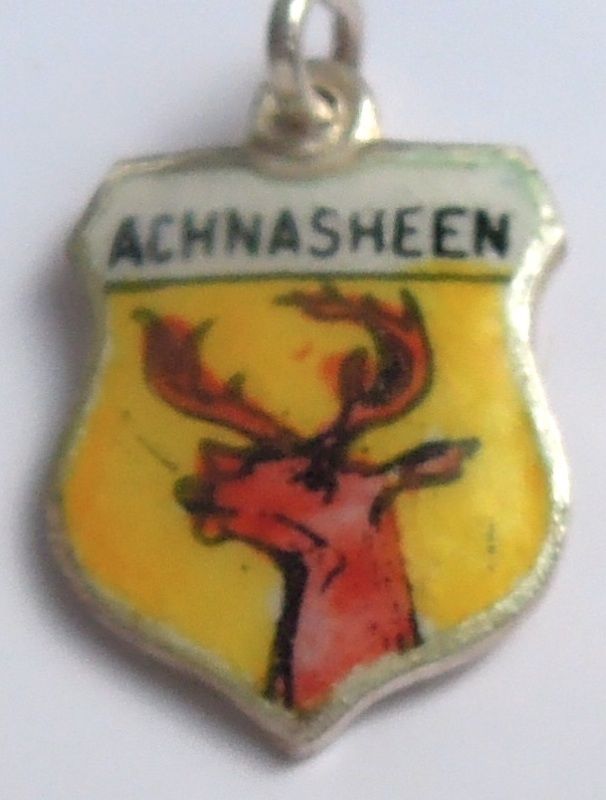Achnasheen SCOTLAND - Deer - Vintage Silver Enamel Travel Shield Charm