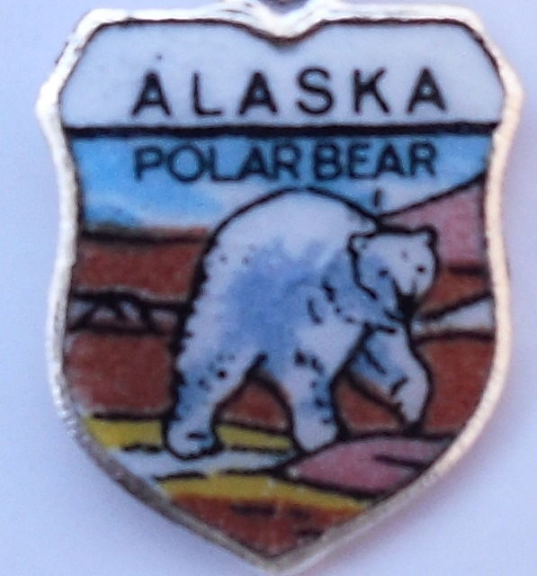 Alaska - Polar Bear - Vintage Silver Pl. Enamel Travel Shield Charm