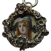 Antique 1806 Georgian Hand Painted Portrait Bracelet Charm with Seed Pearls & Red Stone. Ornate Floral Scroll Detail