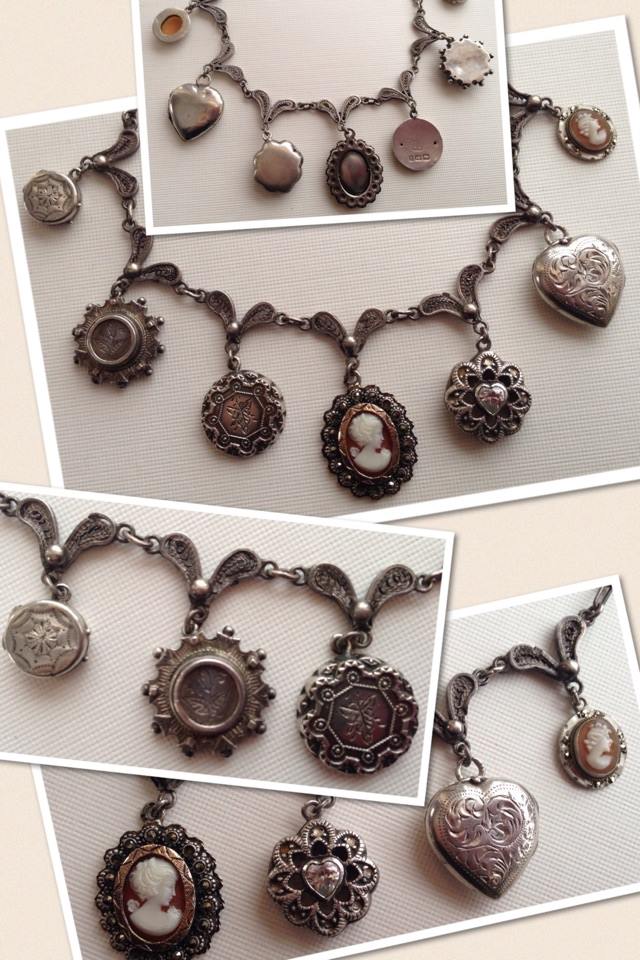 Antique Victorian 7 Silver Charms Necklace with Cameos & Lockets