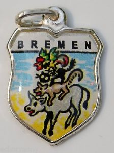 Bremen GERMANY - Town Musicians - Vintage Silver Enamel Travel Shield Charm
