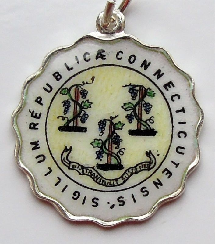 Vintage Enamel Travel Charm - Scalloped Round Edge - Connecticut - State Seal