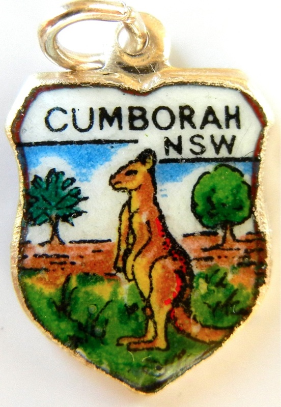 Cumborah NSW AUSTRALIA - Kangaroo - Vintage Silver Pl. Enamel Travel Shield Charm