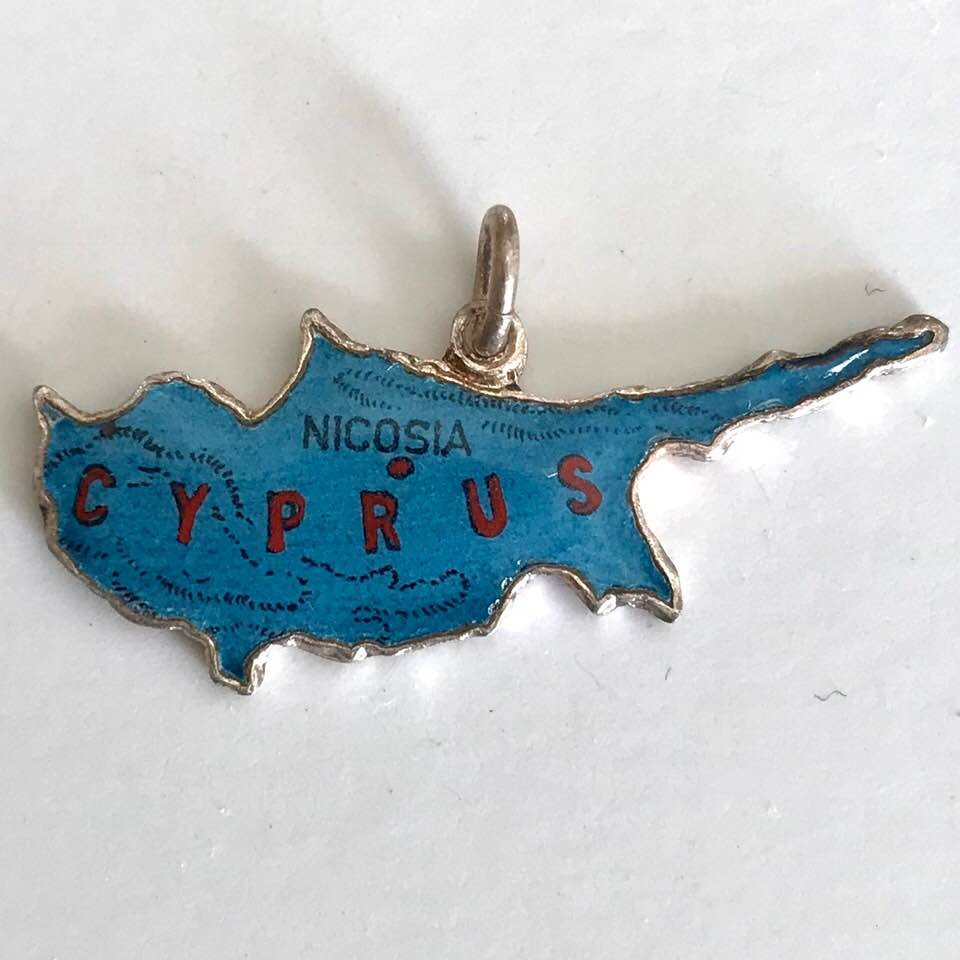 Cyprus - Vintage Enamel Map Travel Charm - Blue - Click Image to Close