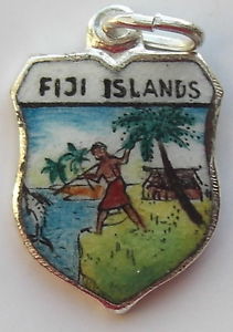 FIJI ISLAND - Fisherman - Vintage Silver Pl. Enamel Travel Shield Charm