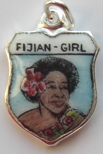 FIJI ISLAND - Girl - Vintage Silver Pl. Enamel Travel Shield Charm