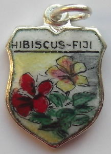 FIJI ISLAND - Hibiscus Flower - Vintage Silver Pl. Enamel Travel Shield Charm
