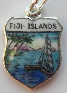 FIJI ISLAND - Outrigger Boat - Vintage Silver Pl. Enamel Travel Shield Charm
