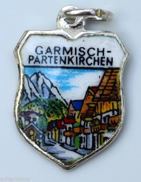 Garmisch Partenkirchen GERMANY - Scenic - Vintage Silver Enamel Travel Shield Charm