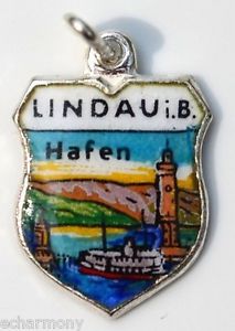 Hafen GERMANY - Lindau Lighthouse - Vintage Silver Enamel Travel Shield Charm