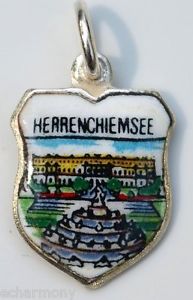 Herrenchiemsee GERMANY - New Palace Fountain - Vintage Silver Enamel Travel Shield Charm - Click Image to Close