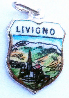 Livigno Italy - Town - Vintage Silver Enamel Travel Shield Charm
