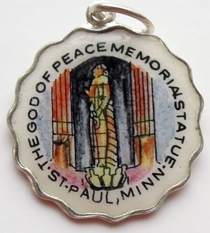 Vintage Enamel Travel Charm - Scalloped Round Edge - Minnesota - St Paul God of Peace Statue - Click Image to Close