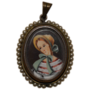 Antique Art Nouveau Hand Painted on Mother of Pearl Miniature Portrait Pendant French lady charm