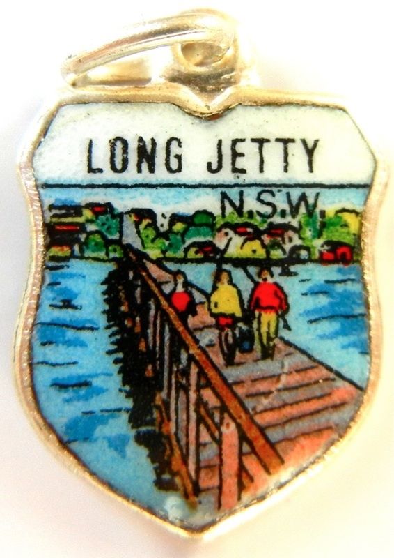 NSW AUSTRALIA - Long Jetty - Vintage Silver Pl. Enamel Travel Shield Charm