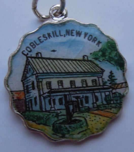 Vintage Enamel Travel Charm - Scalloped Round Edge - New York - Cobleskill Village