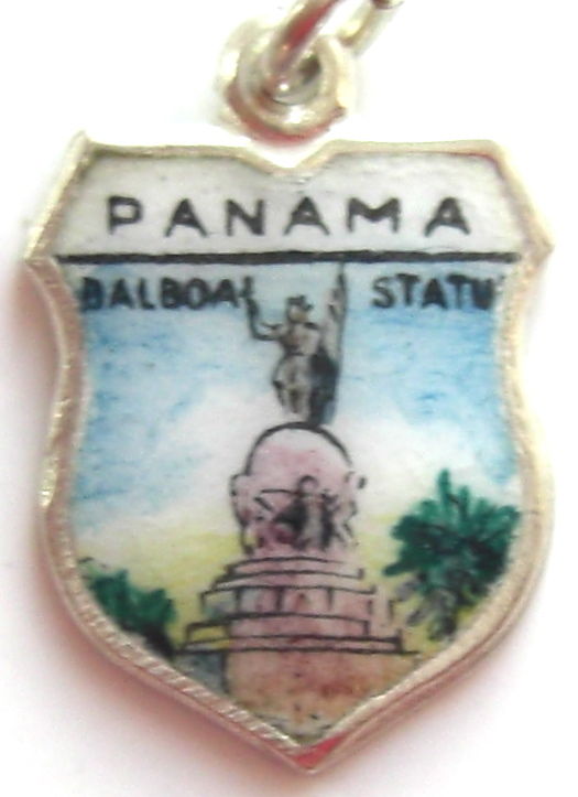 Panama - Balboa Statue - Vintage Silver Pl. Enamel Travel Shield Charm