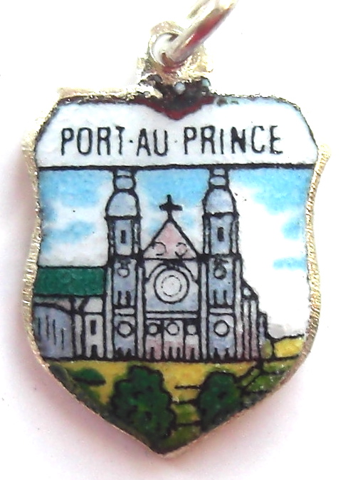 Port Au Prince HAITI - Church - Vintage Silver Pl. Enamel Travel Shield Charm