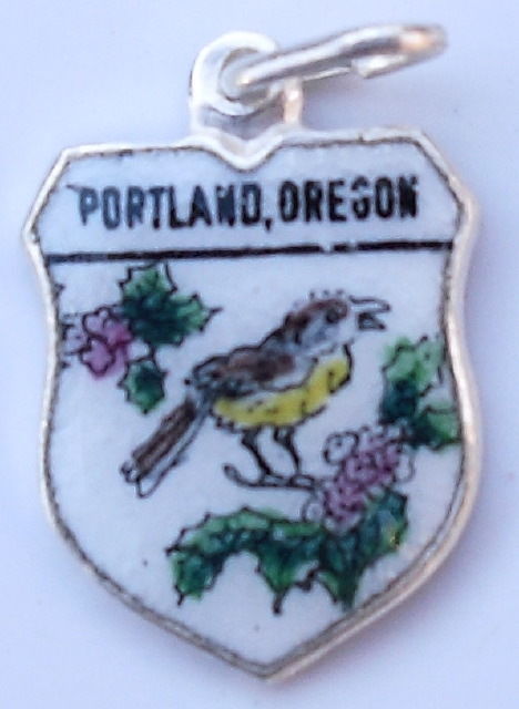 Oregon - Portland Bird - Vintage Silver Pl. Enamel Travel Shield Charm