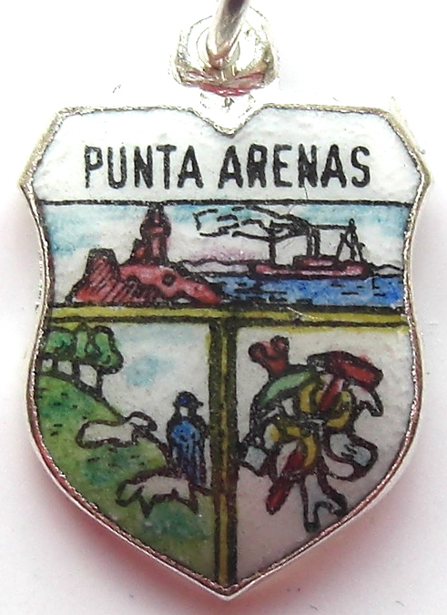 Chile - Punta Arenas - Scene - Vintage Silver Pl. Enamel Travel Shield Charm