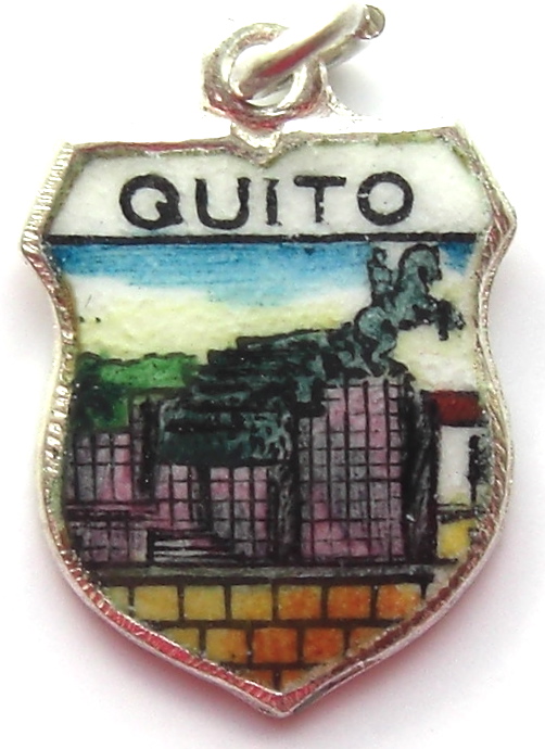 Ecuador - Quito - Statue - Vintage Silver Enamel Travel Shield Charm