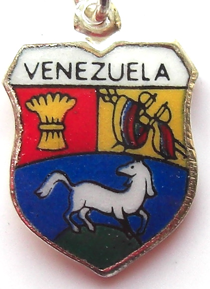 VENEZUELA - Coat of Arms - Vintage Silver Enamel Travel Shield Charm