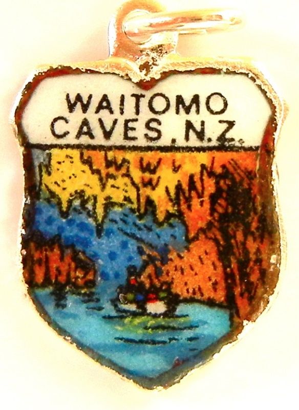 New Zealand - Waitomo Caves - Vintage Silver Pl. Enamel Travel Shield Charm