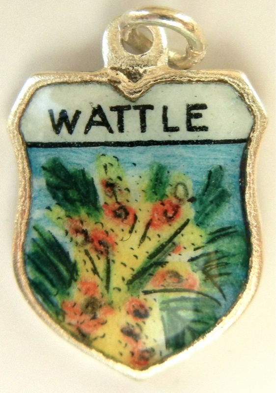 Wattle AUSTRALIA - Flowers - Vintage Silver Pl. Enamel Travel Shield Charm