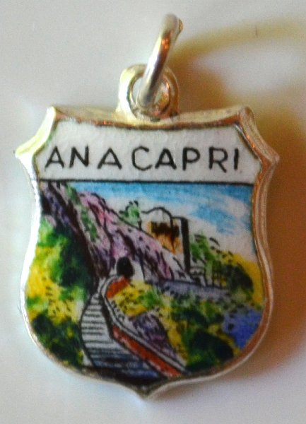 Anacapri Italy - Capri Train - Vintage Silver Enamel Travel Shield Charm