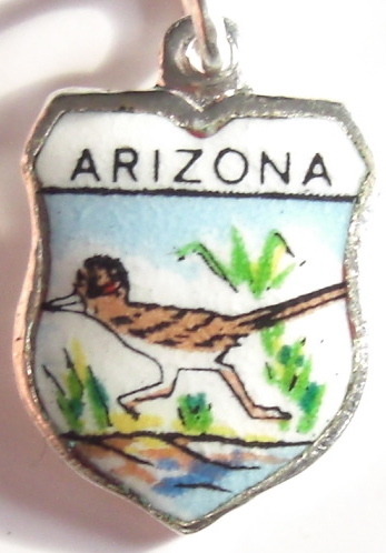 Arizona - Road Runner Bird - Vintage Silver Enamel Travel Shield Charm